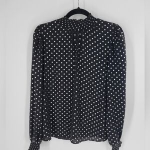Cece Black and Silver Polka Dot Blouse Long Sleeves Size Small